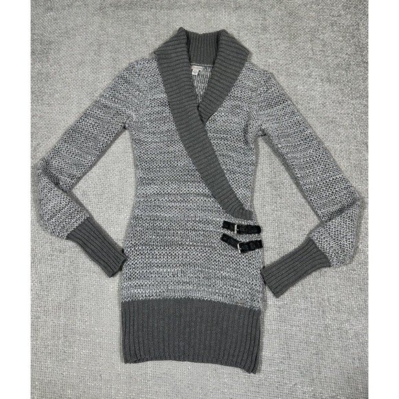 Guess Sweaters - Y2K Guess Sweater Womens XS Gray Shawl Collar Buckle Fitted Pullover